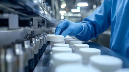 Obraz premium Worker Performing Manual Inspection on Food Products in Processing Facility