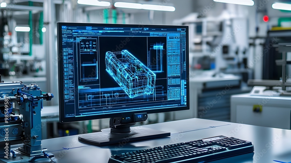Poster 3d product model undergoing control and digital inspection on a tech-driven evaluation screen