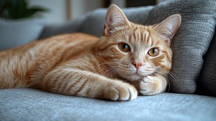 Orange tabby cat relaxing on a couch