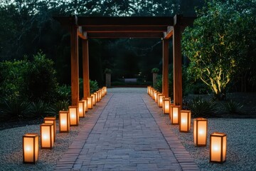 Fototapeta premium Ceremony backdrop enhanced with lighting accents to add a romantic glow to the arch