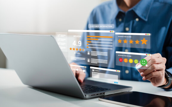 Online customer satisfaction survey service concept. User give Rate service from experience. Consumer give Stars, comment  and feedback review for quality, Business reputation ranking from buyers