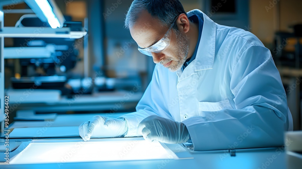 Poster technician inspecting product surface finishes using a light box for visual control