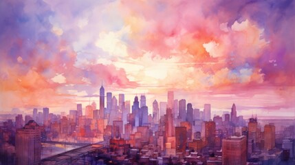 A watercolor city skyline at sunset, with vibrant orange, pink, and purple hues