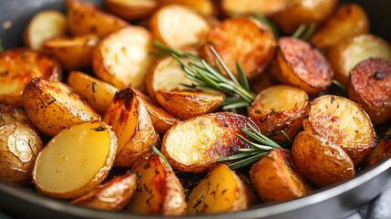 A pan full of golden-brown roasted potatoes and vibrant green rosemary