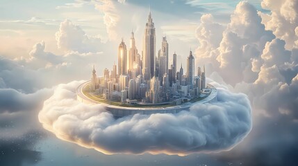 A city floating on a cloud made of shifting, swirling colors, symbolizing creative and otherworldly urban design