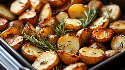 Fototapeta premium A pan full of golden-brown roasted potatoes and vibrant green rosemary