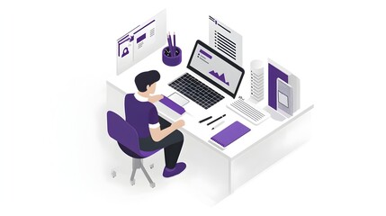 Isometric Infographic of a Writer's Workspace with Laptop and Marketing Materials