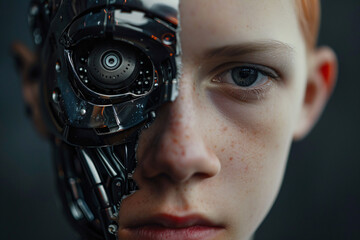 Close up of boy's face. Part human and part futuristic robotic cyborg face