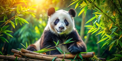 Obraz premium A cheerful cartoon panda bear playfully poses amidst lush bamboo and vibrant nature, exuding joy and charm, inviting