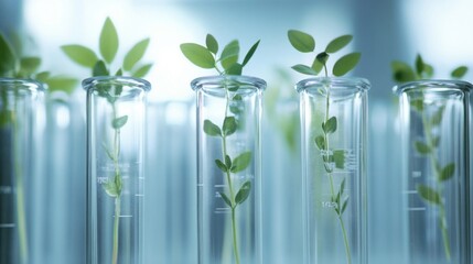 Plants in lab tube. Science laboratory experiments analysis and genetic engineering study.