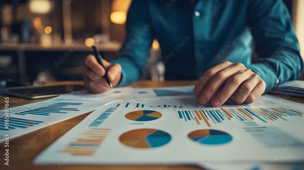 Poster businessman analyzing financial data with charts and graphs on desk