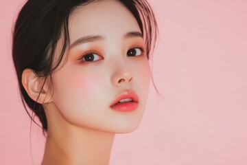Fototapeta premium asian woman skincare concept. clean pink background.