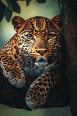 Fototapeta premium A closeup shot of a leopard perched on a tree branch, its piercing eyes focused on prey, with the bark and leaves in sharp detail and a blurred background of the African jungle