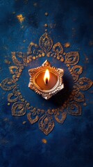 Fototapeta premium Ornate diya surrounded by rangoli powder, placed on a royal blue backdrop with glowing glitter accents, copy space, happy Diwali background, traditional, Indian festival.
