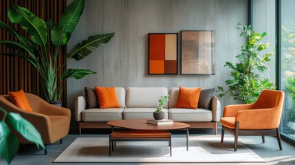 Modern living room with stylish furniture, vibrant orange accents, and large plant. space feels warm and inviting, perfect for relaxation.