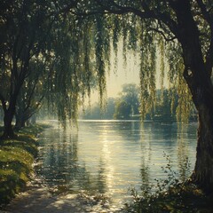Tranquil Willow Weeping Over a Serene Lake