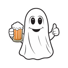 Happy Friendly Fun Ghost Cartoon Holding Beer Glass Vector Illustration, Smiling Ghost Holding a Beer Mug Clipart for Celebrations