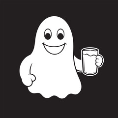 Happy Friendly Fun Ghost Cartoon Holding Beer Glass Vector Illustration, Smiling Ghost Holding a Beer Mug Clipart for Celebrations