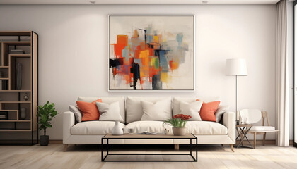Modern Living Room Interior with Abstract Painting White Sofa and Wooden Coffee Table