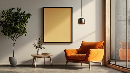 Fototapeta premium Scandinavian Interior Design of a Modern Living Room Featuring a Stylish Poster Mockup
