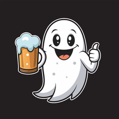 Happy Friendly Fun Ghost Cartoon Holding Beer Glass Vector Illustration, Smiling Ghost Holding a Beer Mug Clipart for Celebrations
