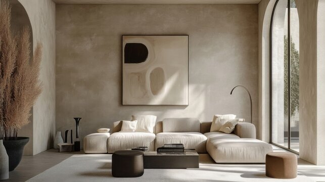 Fototapeta Modern minimalist living room with neutral tones, featuring large beige sofa, abstract wall art, and natural light. space exudes calm and sophistication.