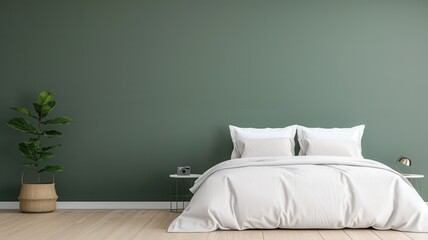 A serene bedroom featuring a green wall, a cozy bed with white bedding, and a decorative plant, creating a calming atmosphere.