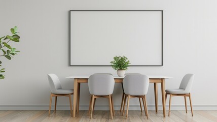 A minimalist dining area featuring a wooden table, upholstered chairs, a potted plant, and a large empty framed wall for artwork.