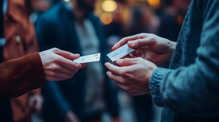 Businesspeople Exchanging Business Cards at Networking Event,Representing Connection and