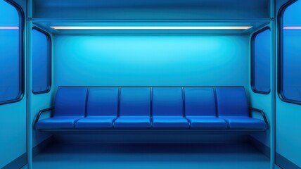Obraz premium A minimalist subway interior featuring blue seats and soft blue lighting, creating a calm and modern atmosphere.