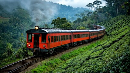 Fototapeta premium An old steam train winding its way through the tea plantations of Sri Lanka, offering scenic views of lush landscapes
