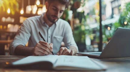 Obraz premium Entrepreneur Sketching Business Ideas in Modern Cafe During Creative Planning Session