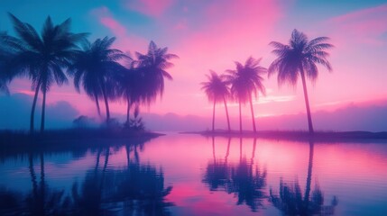Fototapeta premium Retro 90s neon oasis at twilight, glowing pink and blue hues, reflective water, distant palm trees, soft VHS effect, mystical and dreamy atmosphere