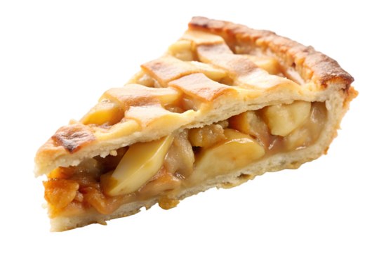 Slice of apple pie with flaky golden crust and juicy filling