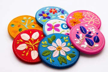 Obraz premium A collection of vibrant embroidered floral patches, each featuring intricate designs with colorful threads