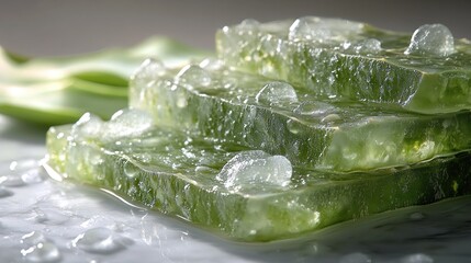 Transparent green aloe vera gel slices with water droplets.