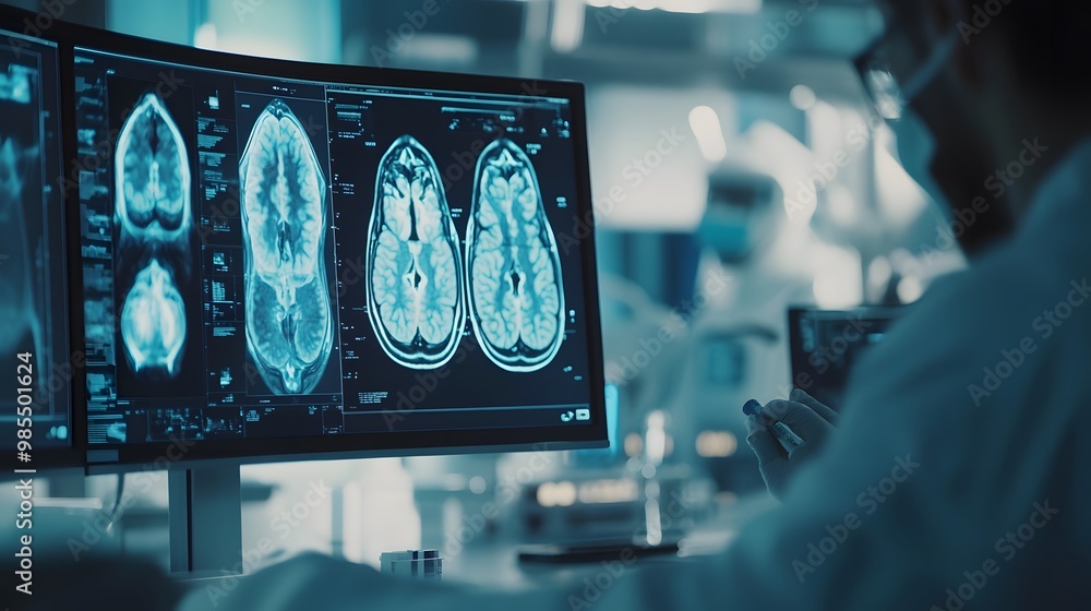 Poster doctor analyzing brain scans on computer monitor