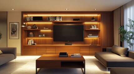 Modern Living Room with Wooden TV Cabinet and Stylish Decor.
