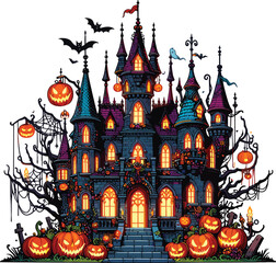 Adobe Illustrator Artwork vector illustration of a Halloween castle adorned for the spooky season