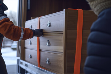 Securely loading wooden furniture into a truck for transport during a moving day in cold weather