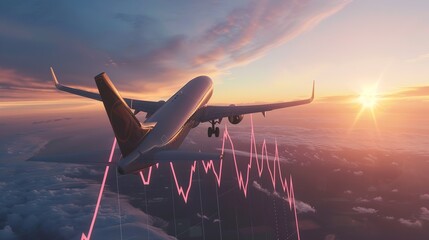 An airplane lifting a financial graph into the sky, symbolizing the growth potential of an airline acquisition.Aviation industry, strategy, investment, success,corporate strategies, economic growth.