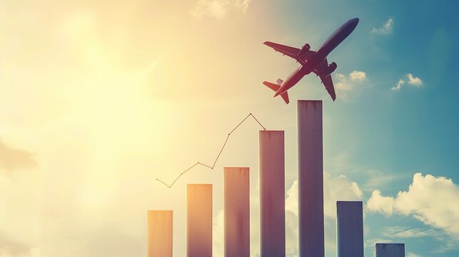 An airplane lifting a financial graph into the sky, symbolizing the growth potential of an airline acquisition.Aviation industry, strategy, investment, success,corporate strategies, economic growth.