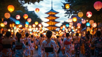 Bon Odori festival in Japan, with locals in yukata performing a traditional dance around a central tower under a canopy of colorful paper lanterns
