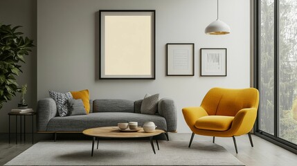 Scandinavian Interior Design of a Modern Living Room Featuring a Vibrant Color Premium Sitting Chair