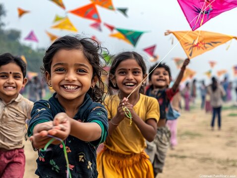 Children flying colorful kites in a wide open field during a community celebration in rural India, with families watching from the sidelines