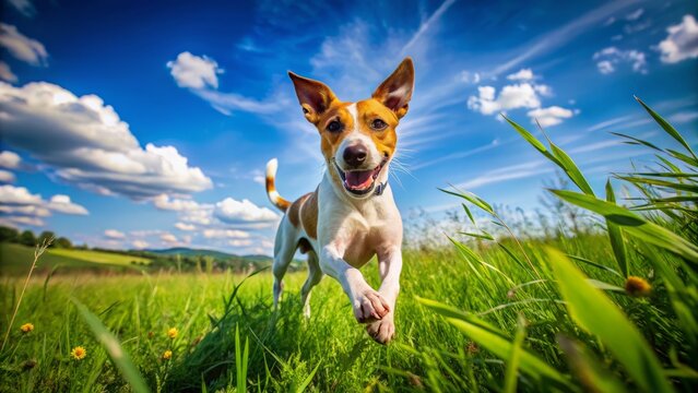 An energetic Feist dog dashes playfully across a lush green field, under a radiant blue sky, embodying pure