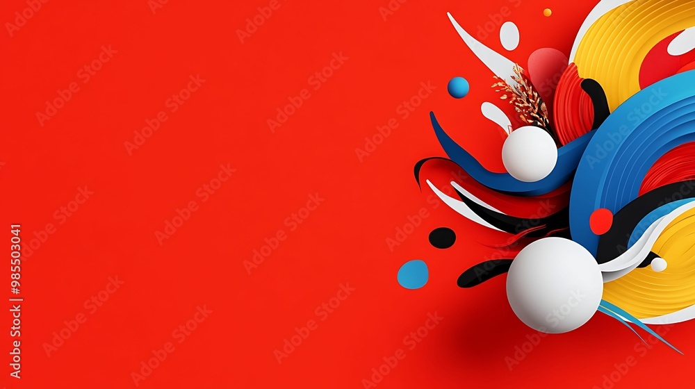 Poster a vibrant composition of colorful abstract shapes against a bold red background, showcasing creativi