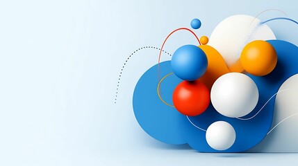 A vibrant, abstract composition featuring colorful spheres and shapes against a soft blue background, creating a modern, playful aesthetic.