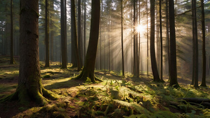 Fototapeta premium Eine ruhige Waldlandschaft mit sanftem Sonnenlicht, das durch die Bäume fällt, auf einem weißen Hintergrund.