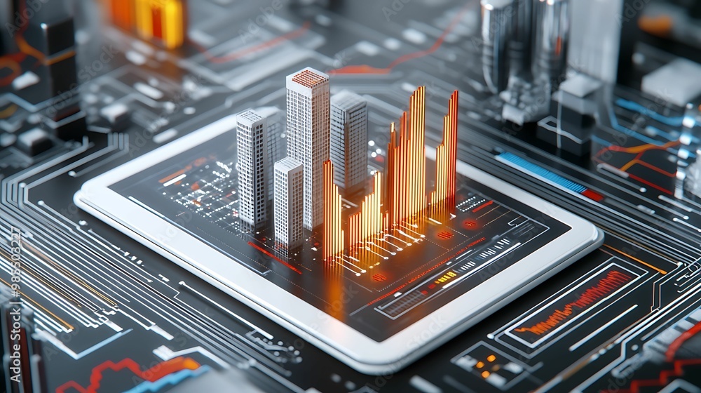 Aufkleber a digital depiction of a tablet displaying futuristic skyscrapers and rising data charts on a circui